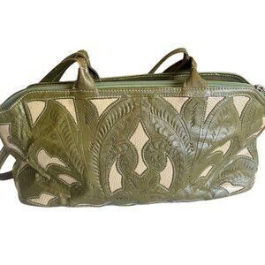 T. Saldivar Hand-Tooled Leather Shoulder Bag In Olive Green Beige Mexican Boho
